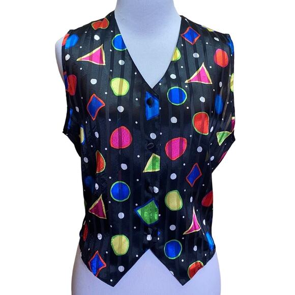 Vintage 80's Retro Shapes Striped Button Vest Small - Picture 1 of 6